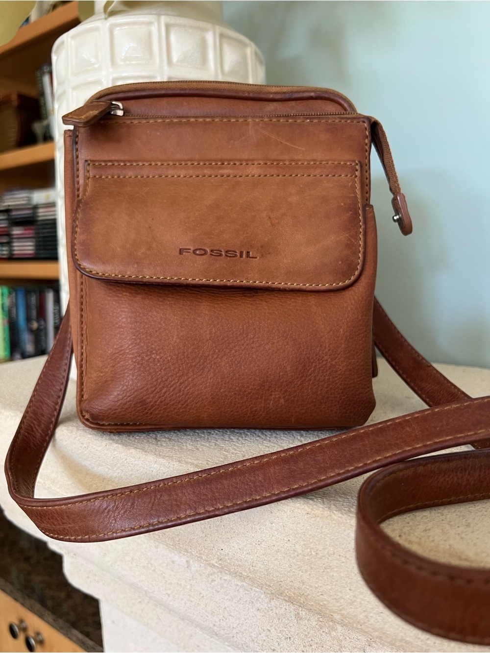 Vintage Fossil Cognac Genuine Leather Crossbody Bag